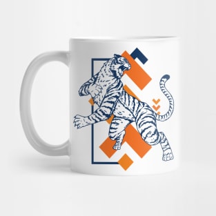 Retro 80s Orange and Navy Tiger on the Attack // Vintage Geometric Shapes Background Mug